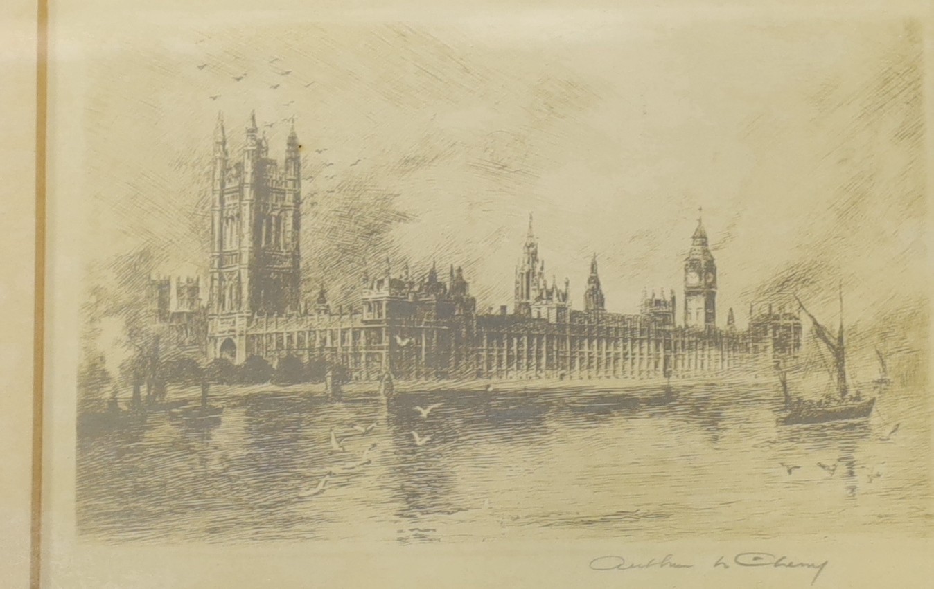 H.B. Andrews (fl.1920's), pencil drawing, 'Sergeants in Fleet Street', signed, 9.5 x 11cm, and three printed Views of London by Arthur Cherry